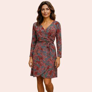 NEW PARAPHRASE SZ XL Floral wrap style Rayon Stretch V-neck Red Pink Blue Dress